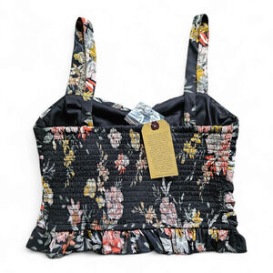 NWT BOG Collective Black Smocked Floral BOHO Cropped Top Sz Medium